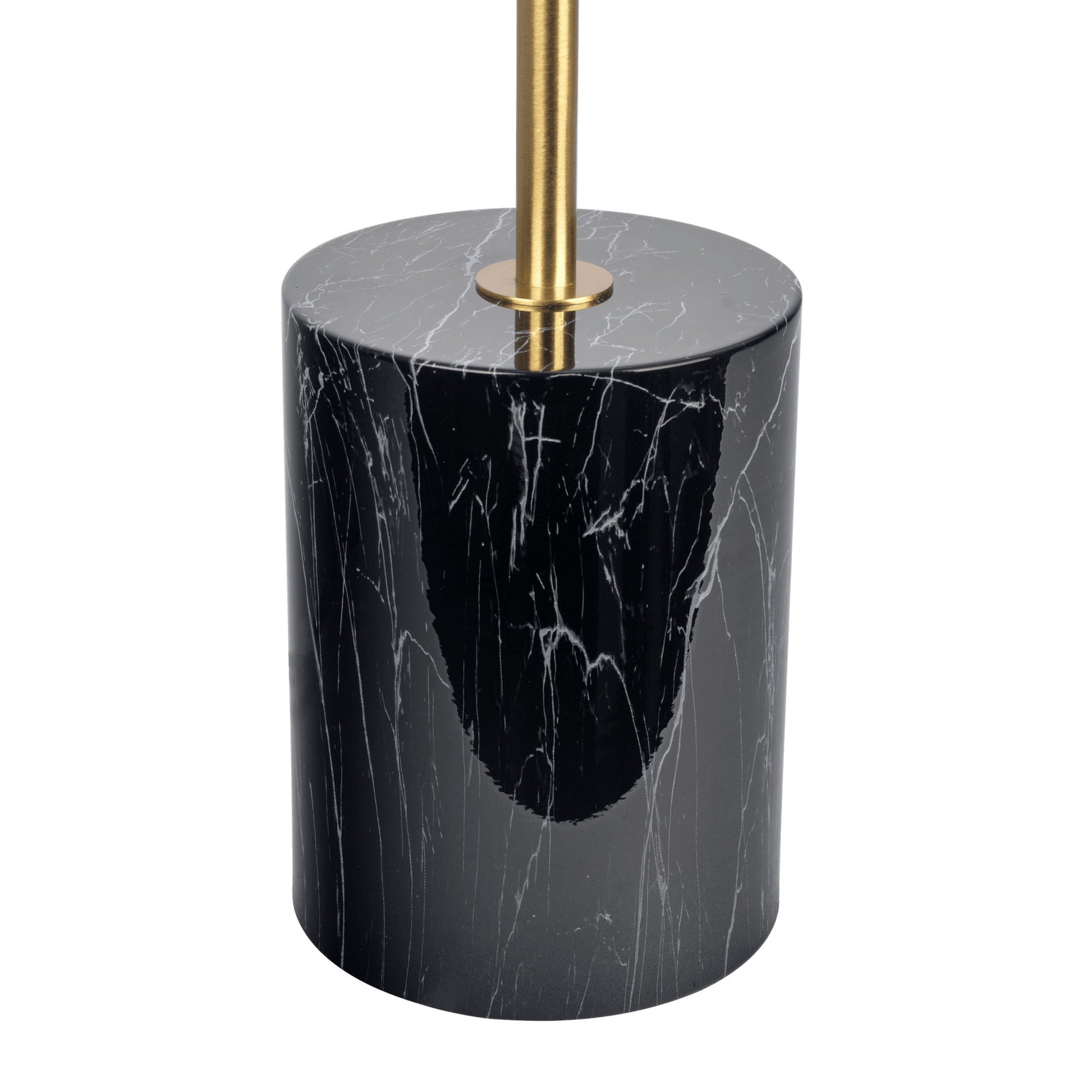 The Nova Hydro Table Lamp features a black marble cylindrical base with white veining and a gold rod extending from its center.