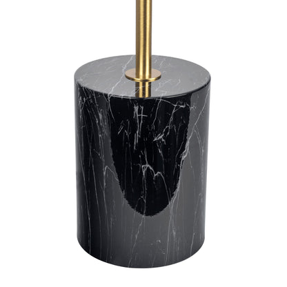 The Nova Hydro Table Lamp features a black marble cylindrical base with white veining and a gold rod extending from its center.