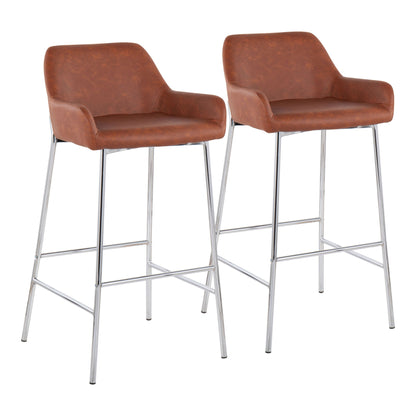 The Daniella Contemporary Fixed Height Bar Stool set features two brown leather stools with armrests, chrome metal legs, and a modern design with slightly curved backrests, shown side by side against a white background.