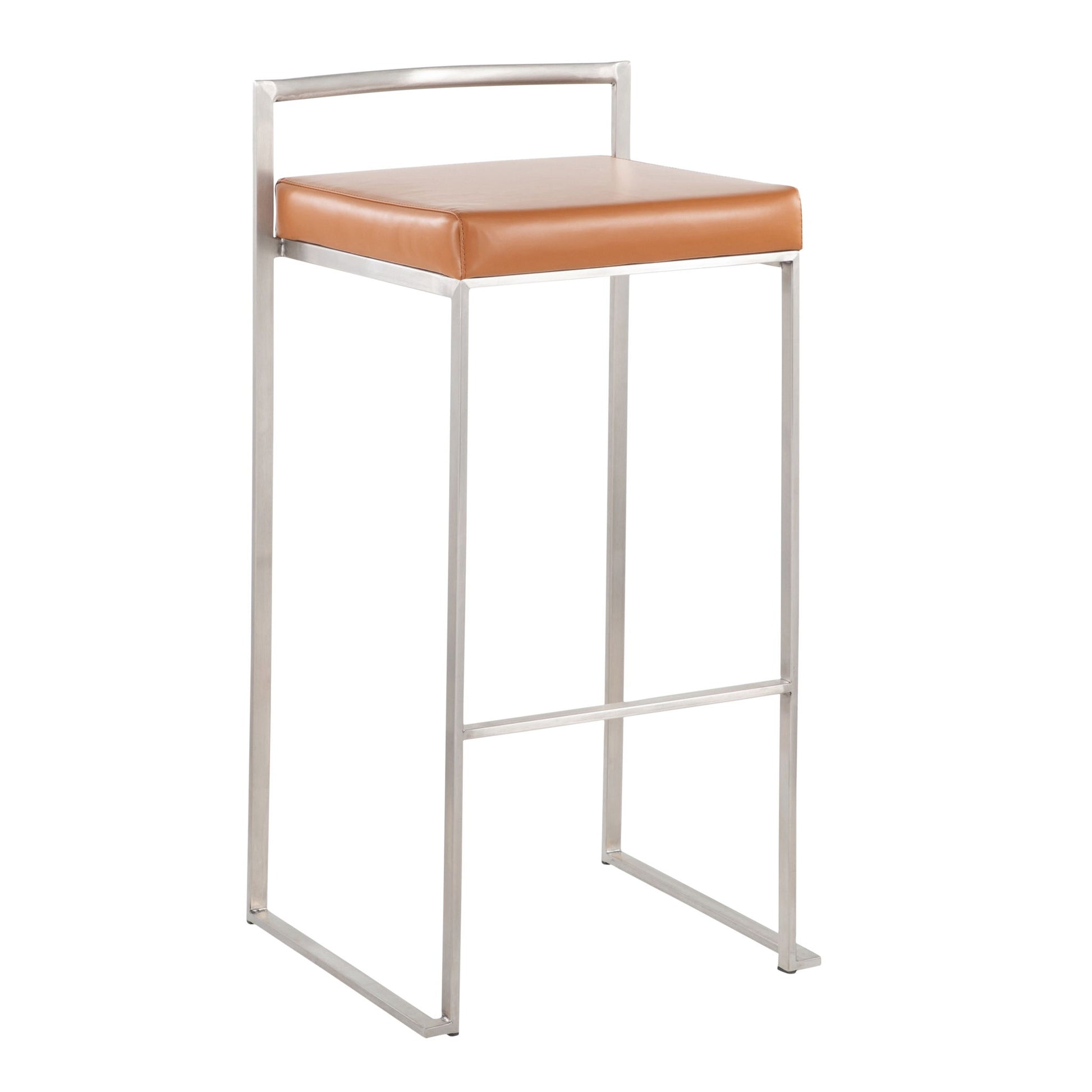 The Fuji - Contemporary Stackable Design Barstool features a tan leather cushion, slim metal backrest, and a minimalist silver metal frame with a built-in footrest.