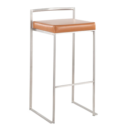 The Fuji - Contemporary Stackable Design Barstool features a tan leather cushion, slim metal backrest, and a minimalist silver metal frame with a built-in footrest.