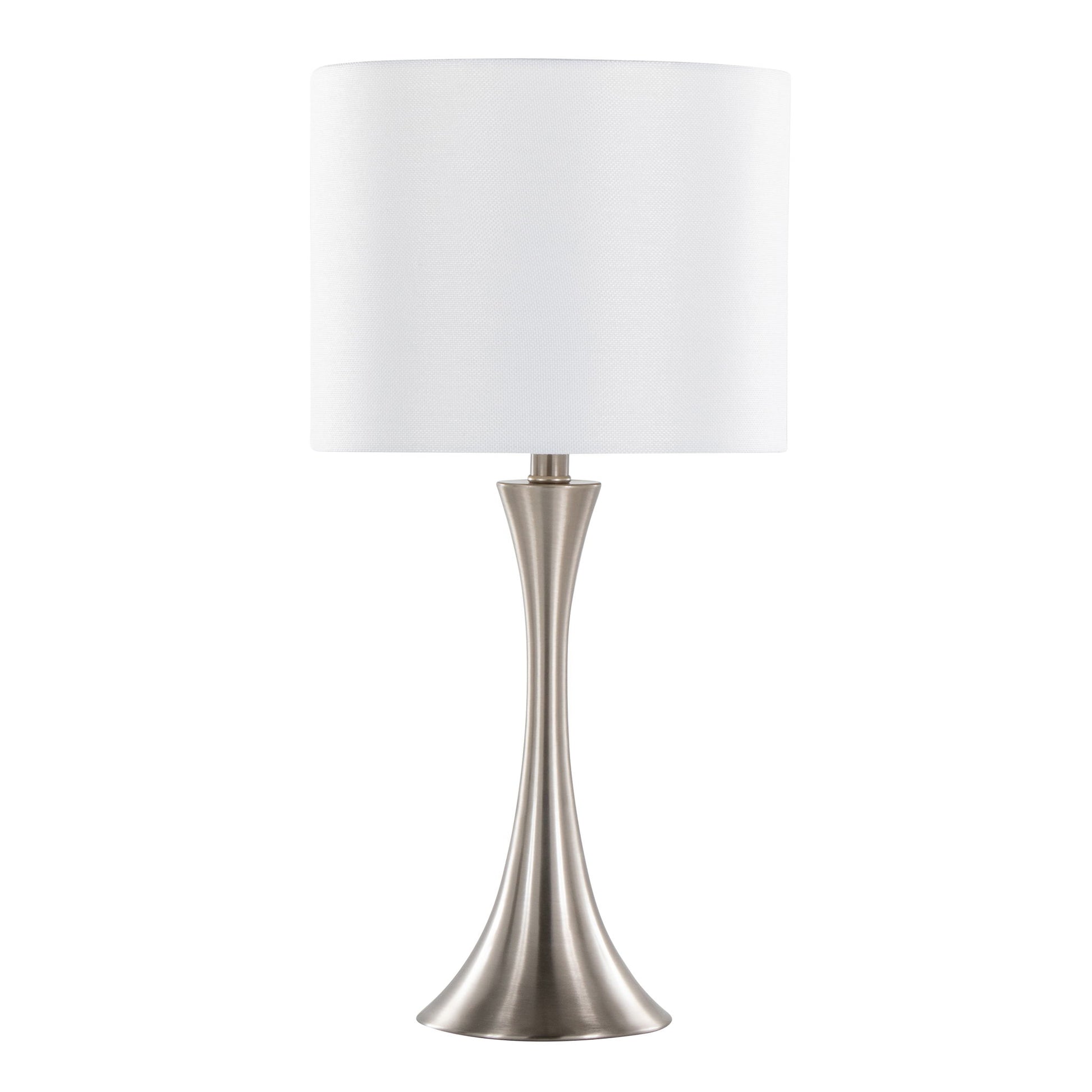 The Lenuxe - Contemporary Semi Gloss Table Lamp (Set of 2) features a sleek brushed metal base and a simple white cylindrical shade, displayed against a plain white background.