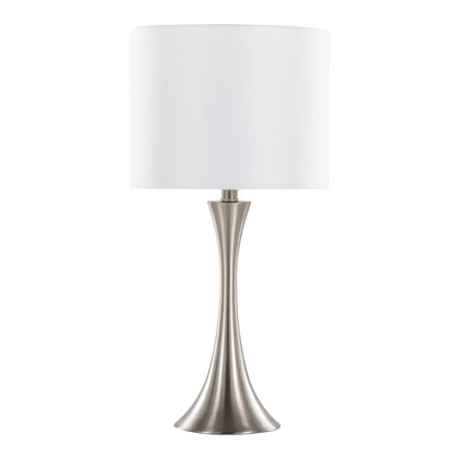 The Lenuxe - Contemporary Semi Gloss Table Lamp (Set of 2) features a sleek brushed metal base and a simple white cylindrical shade, displayed against a plain white background.