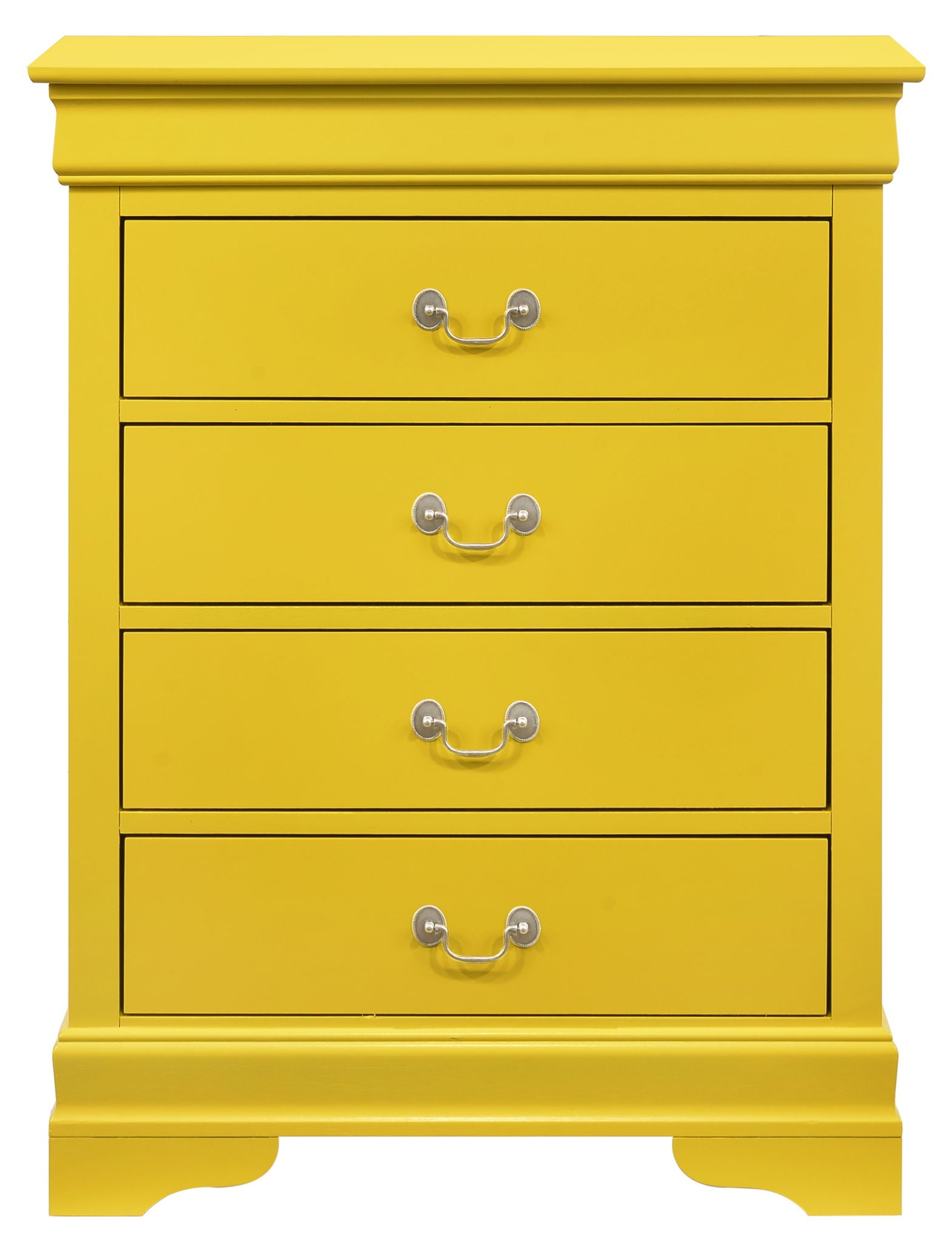 The Traditional Style Storage Chest Elegant is a bright yellow wooden dresser with four drawers, silver handles, and a decorative base, combining classic style with simple, clean lines.