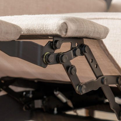 Close-up of the metal joints and bolts in the Mid-Century Modern Recliner With Button Tufted Waffle Stitch, showing the mechanism that moves the seat and footrest. The chair features light beige upholstery.