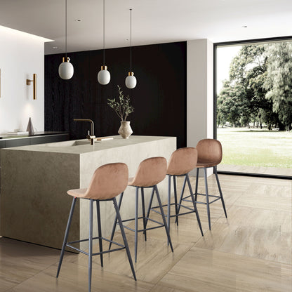Modern kitchen featuring a large marble island, two sets of Velvet Barstool With Back (pink), pendant lights, dark cabinets, and large windows overlooking a lush outdoor space.