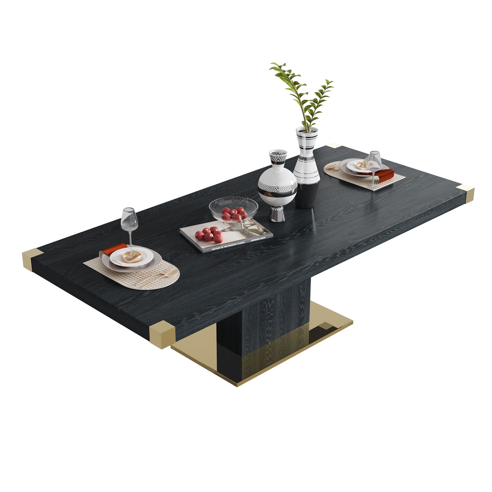 The Top Dining Table With Finish Corner is a modern rectangular black table with gold accents, set for two with plates, glasses, pastries, fruit, and decorative silver and white vases with green leaves on a white background.