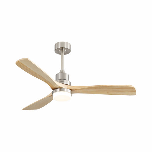 A modern Ceiling Fan With Dimmable LED Light, 3 wood blades, brushed nickel finish, and 6-speed remote, features a reversible DC motor, shown mounted on a short metal rod against a white background.