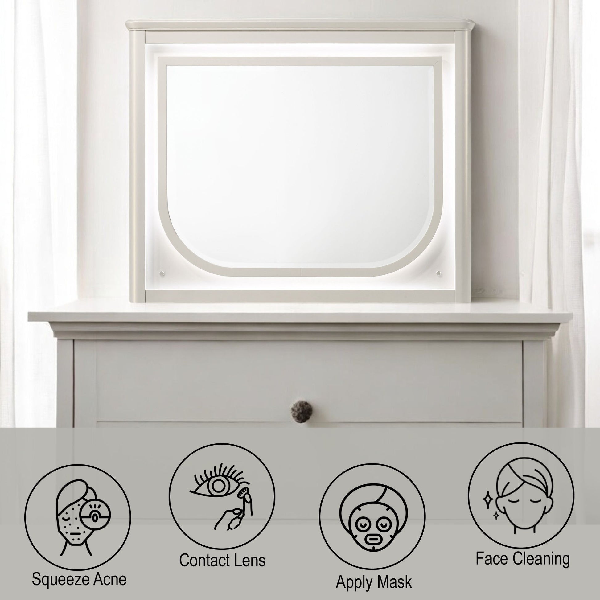 The Laveda Mirror With LED - White sits atop a dresser. Icons below highlight skincare steps: Squeeze Acne, Contact Lens, Apply Mask, and Face Cleaning.