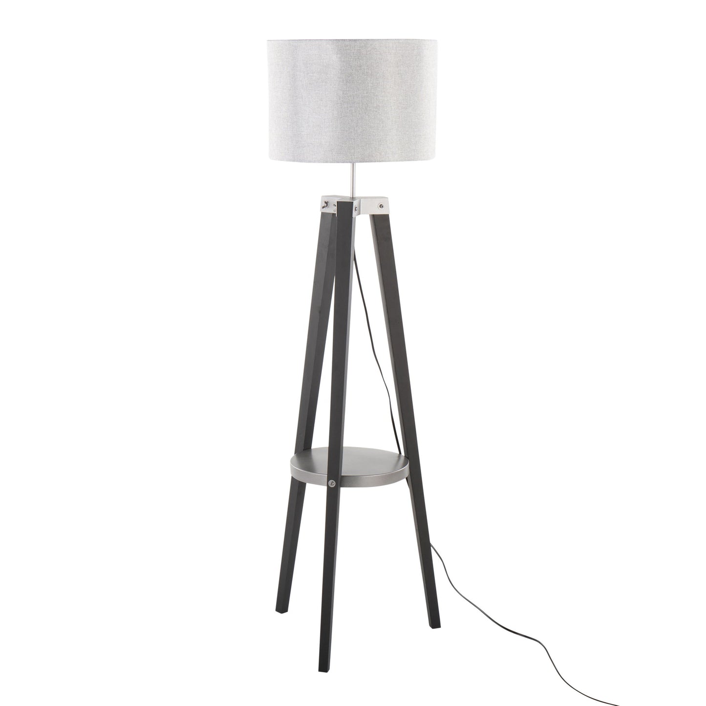 The Compass Mid Century Modern Floor Lamp features a cylindrical white shade, three black wooden tripod legs, a small circular shelf between the legs, and a visible black power cord.