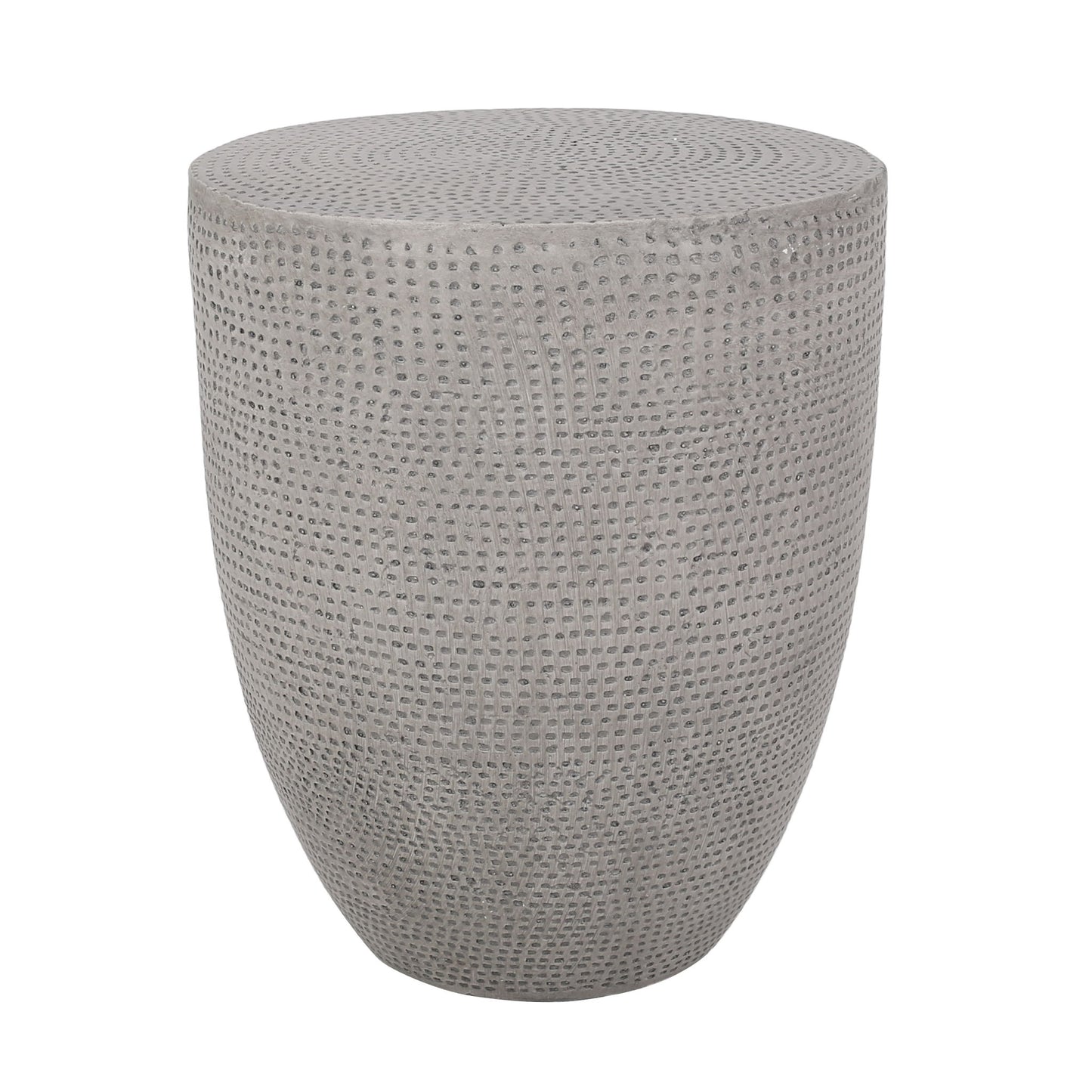The Outdoor Lightweight Concrete Side Table in Natural features a round, gray design with a textured, dotted surface and smooth, curved silhouette, shown against a white background.