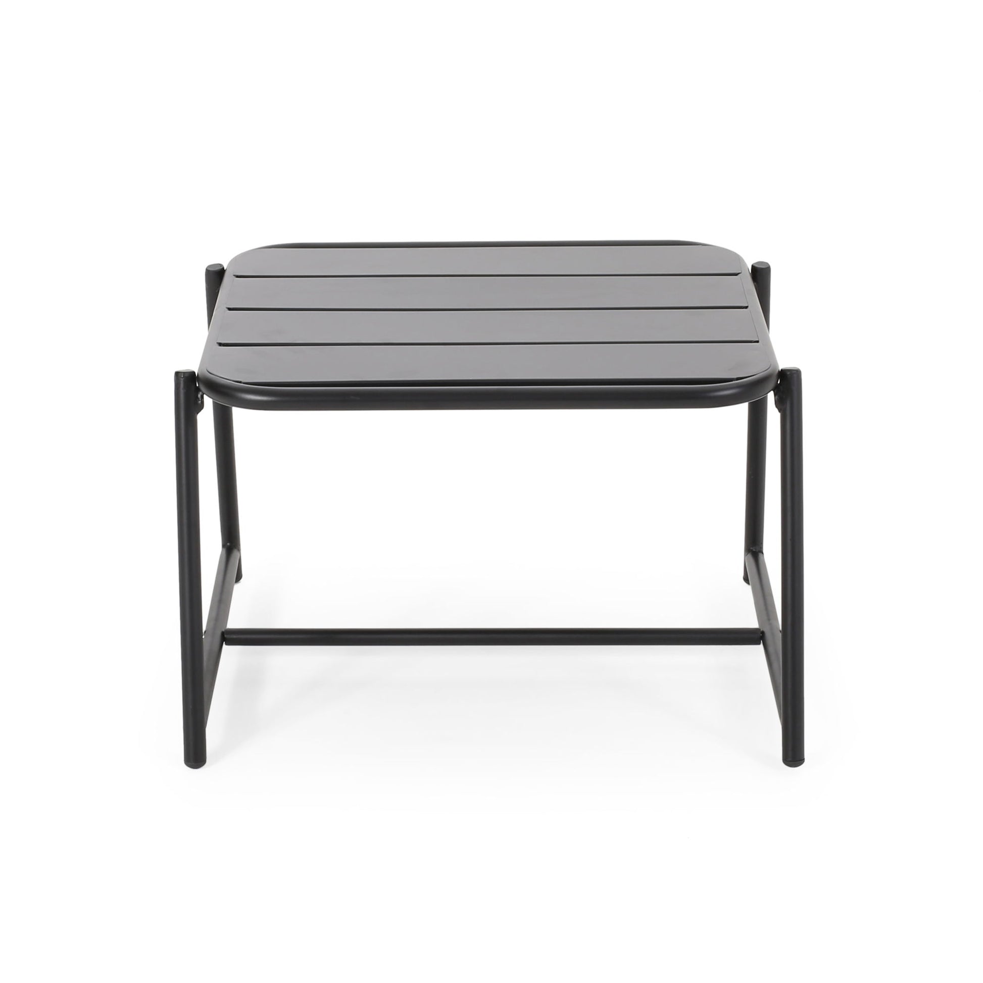 The Conrad - Side Table Outdoor is a small, modern black metal table with a flat slatted top and simple straight legs joined by horizontal bars.
