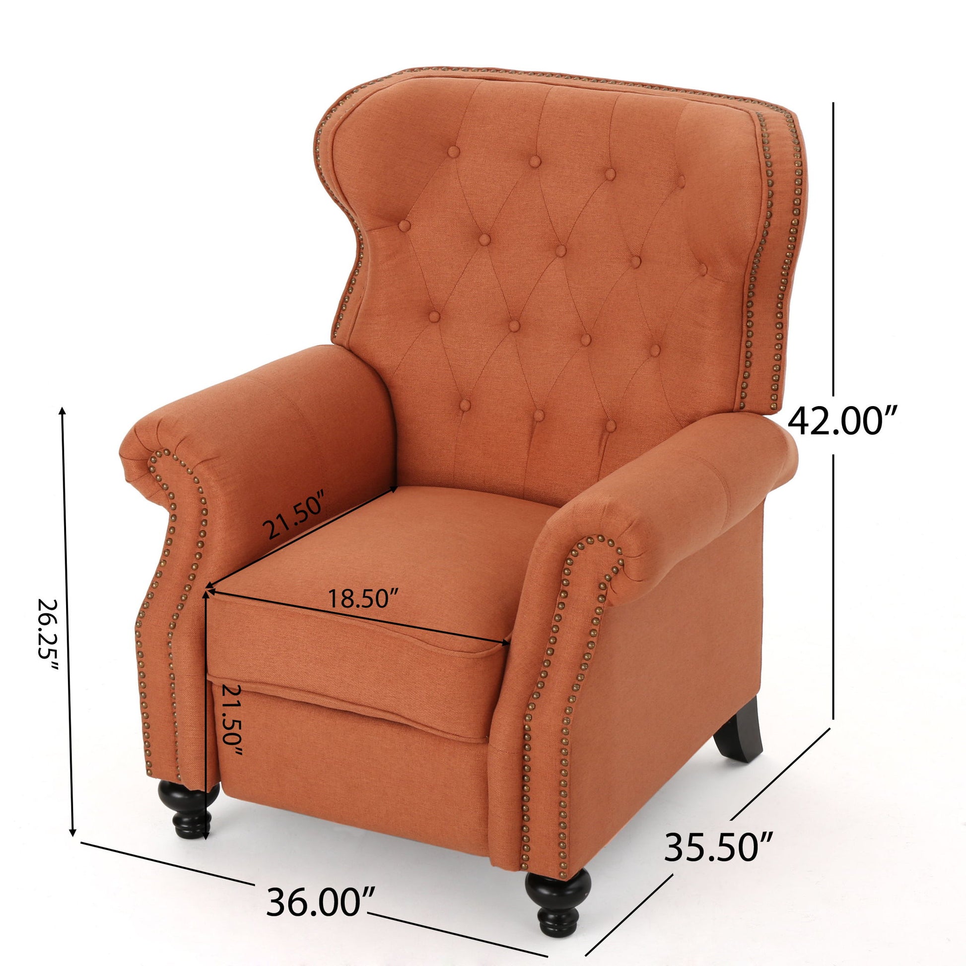 The Contemporary Style Push Back Recliner features a rust-colored upholstery, button-tufted backrest, nailhead trim, wooden legs, and measures 42"H x 36"W x 35.5"D with a seat size of 18.5" x 21.5" x 21.5".