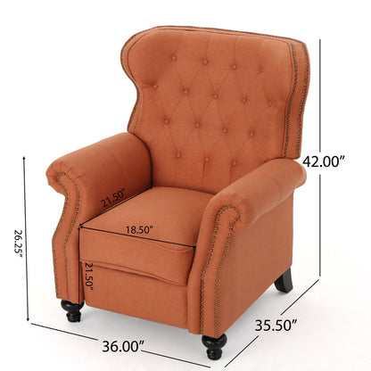 The Contemporary Style Push Back Recliner features a rust-colored upholstery, button-tufted backrest, nailhead trim, wooden legs, and measures 42"H x 36"W x 35.5"D with a seat size of 18.5" x 21.5" x 21.5".