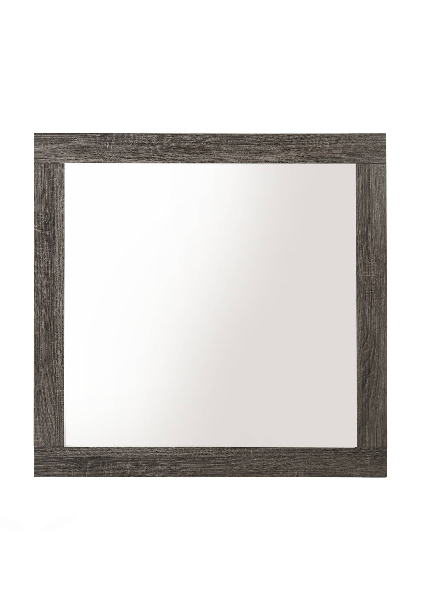 The Avantika - Rustic Mirror in Gray/Oak features a wide, dark wood frame and a clear, reflective surface. Photographed against a white background, it adds subtle elegance to any space.