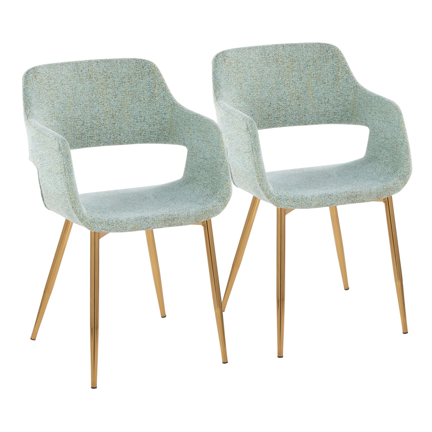 A set of two Margarite chairs, featuring light blue fabric upholstery, sleek gold metal legs, curved backs, and open sides for a contemporary design.