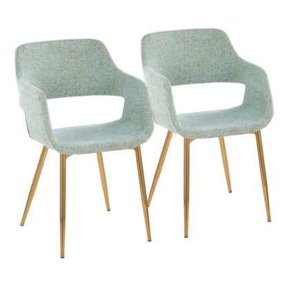 A set of two Margarite chairs, featuring light blue fabric upholstery, sleek gold metal legs, curved backs, and open sides for a contemporary design.