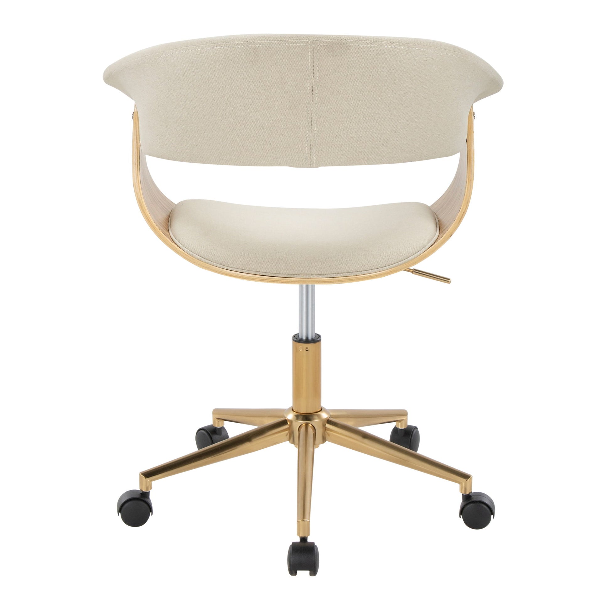 The Vintage Mod - Mid-Century Modern Office Chair features a light beige cushioned seat, curved backrest, and gold metal base with five black caster wheels, shown from the back.