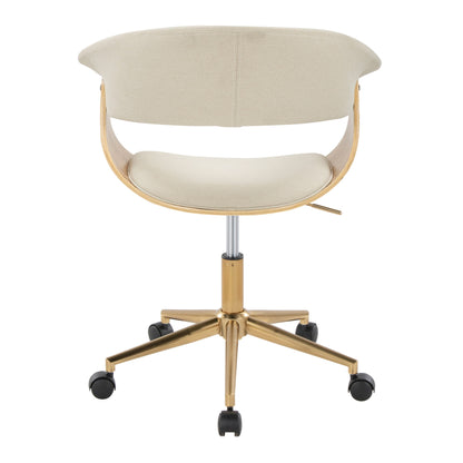 The Vintage Mod - Mid-Century Modern Office Chair features a light beige cushioned seat, curved backrest, and gold metal base with five black caster wheels, shown from the back.