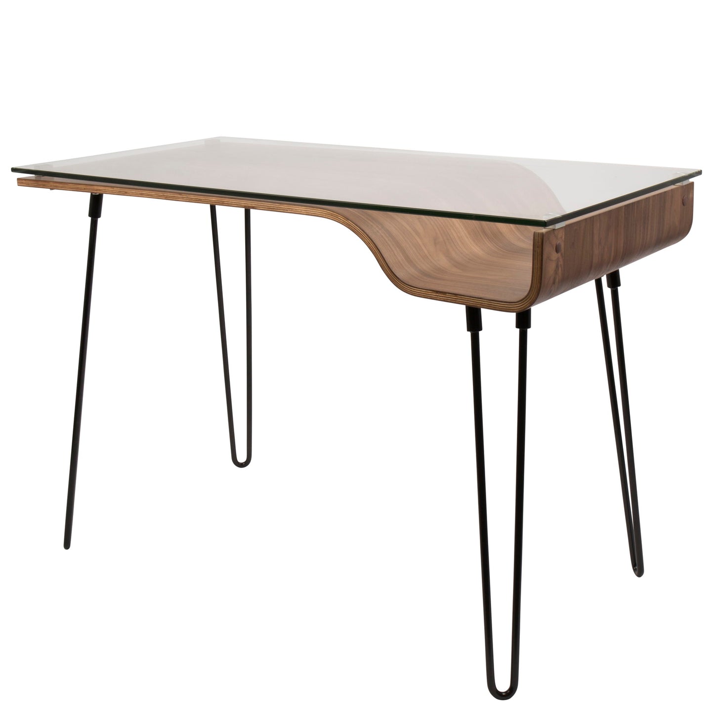 The Avery Mid-Century Modern Desk features a clear glass top, walnut curved wood accents, and four slender black metal legs for a sleek, minimalist design.