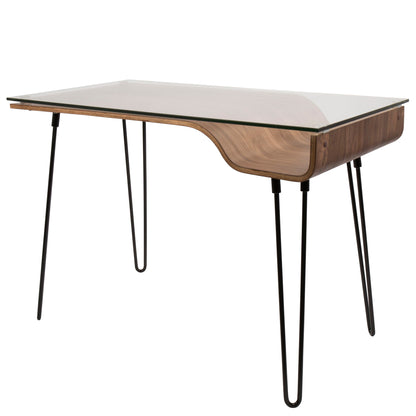 The Avery Mid-Century Modern Desk features a clear glass top, walnut curved wood accents, and four slender black metal legs for a sleek, minimalist design.