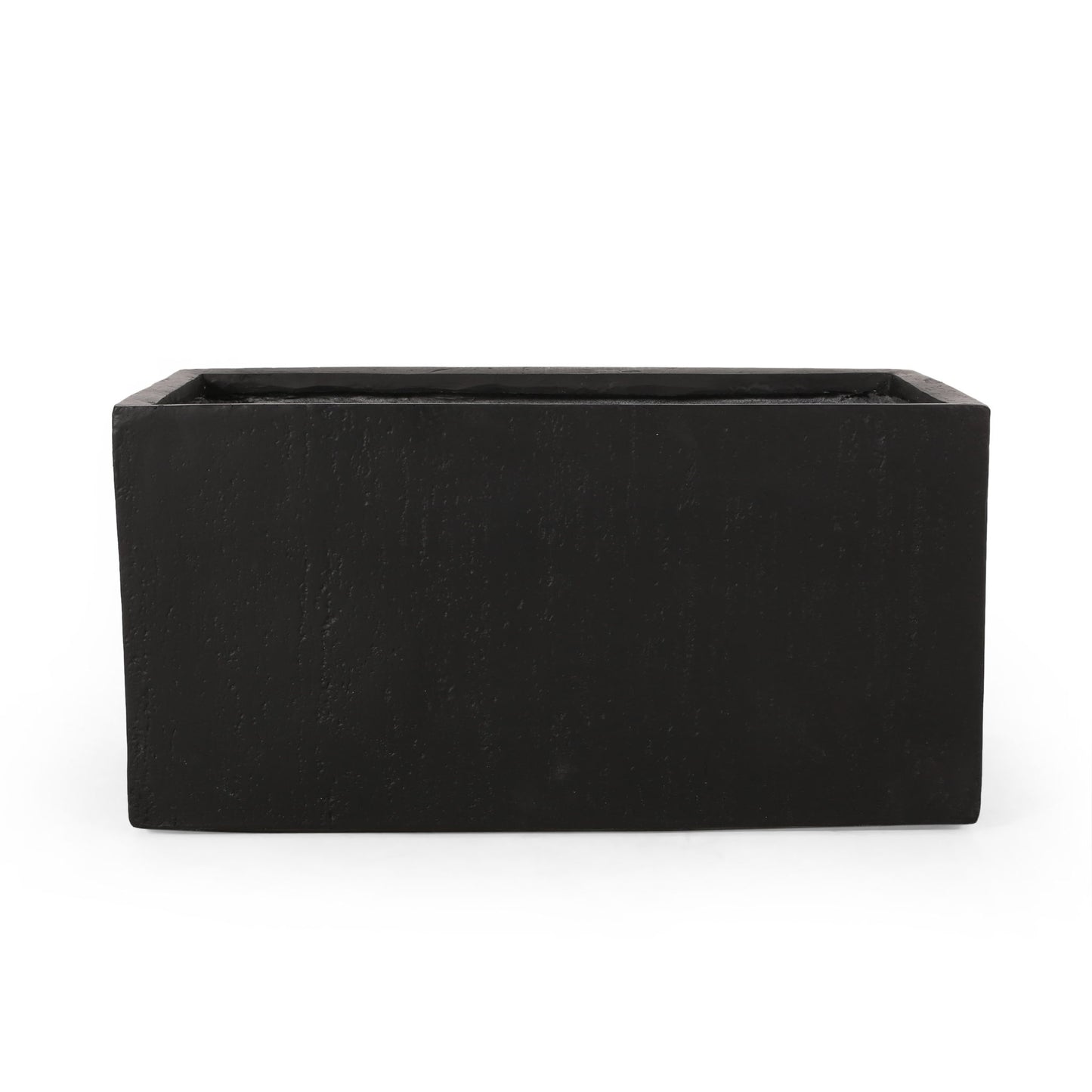A Modern Outdoor Planter in black with a rectangular shape displayed against a white background.