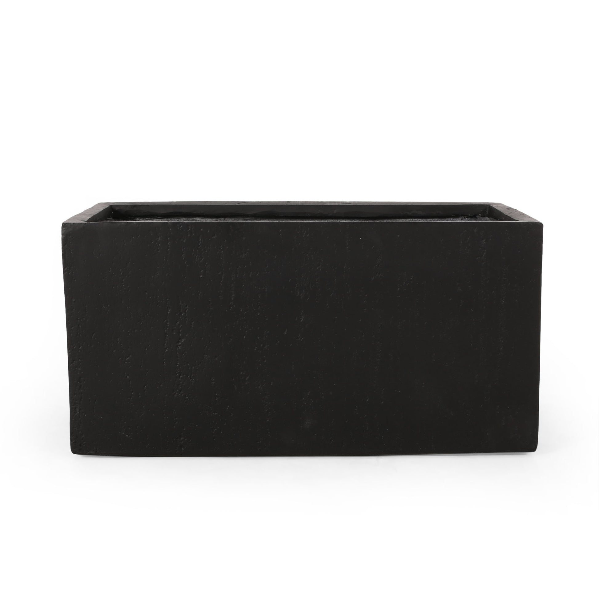A Modern Outdoor Planter in black with a rectangular shape displayed against a white background.