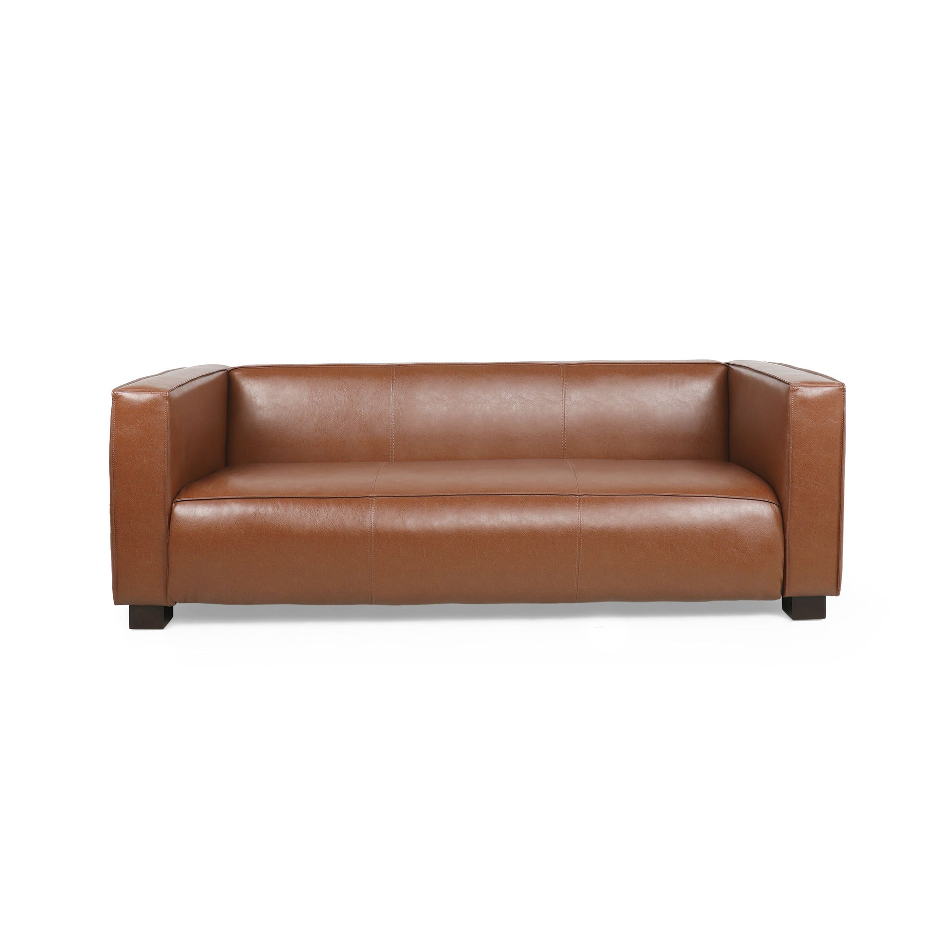 The Contemporary 3 Seater Sofa With Tuxedo Design features a modern brown leather look, wide armrests, and a low backrest, showcased against a plain white background.