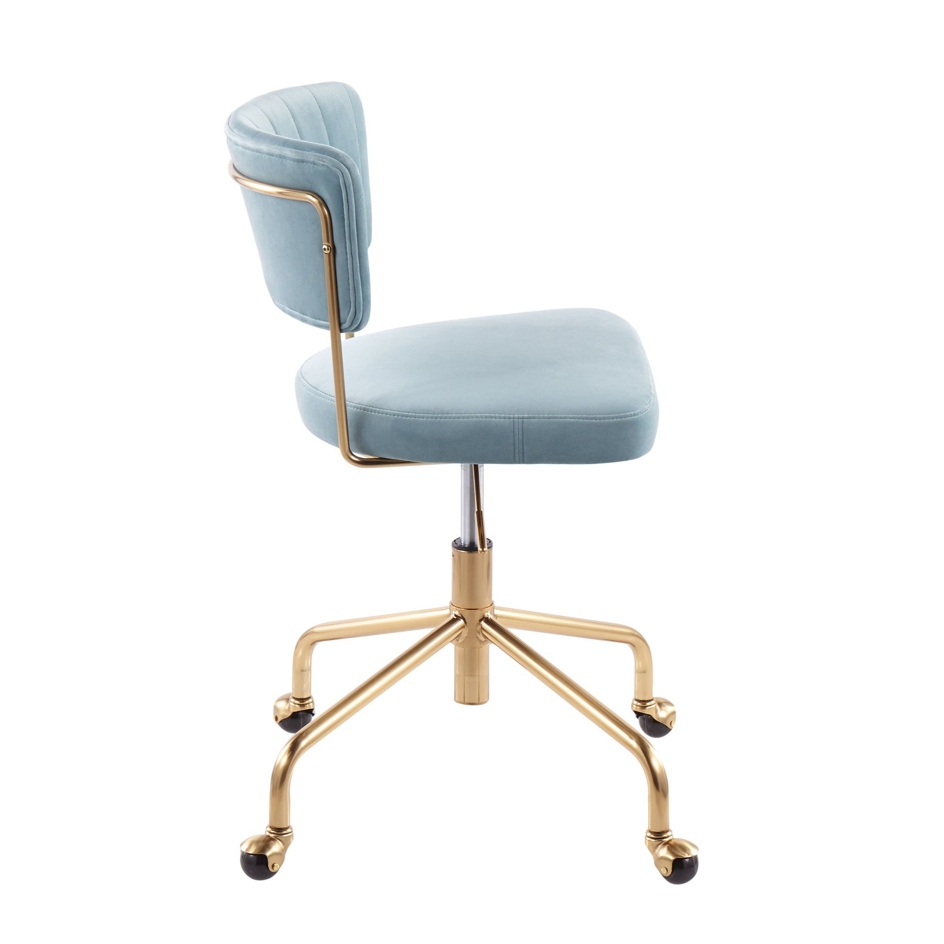 A side view of the Tania - Contemporary Task Chair features a light blue cushioned seat and backrest, set on a gold metal frame with a five-leg base and black caster wheels.