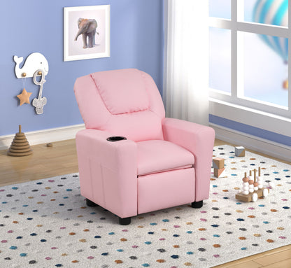 The Marisa - PU Leather Kids Recliner Chair With Cupholder in pink is placed on a white polka-dot rug in a brightly lit kids’ room with blue walls, wooden toys, playful wall art, and a window featuring clouds and a hot air balloon.