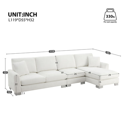 The Modern Oversized Sectional Sofa is a white L-shaped chenille couch set for living rooms with labeled dimensions: 119" length, 55" depth, and 32" height. Each seat supports up to 330 lbs, with seat and backrest measurements shown. Includes two free pillows.