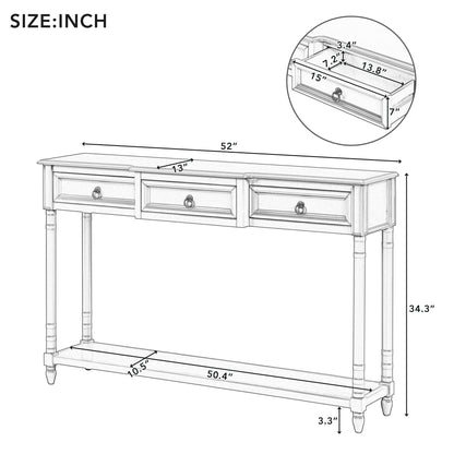 Line drawing of the Console Table Sofa Table With Drawers For Entryway, featuring three projecting drawers and a long lower shelf; overall size: 52"W x 34.3"H x 10.5"D; drawer size: 13.8" x 11.2" x 3.4"; shelf: 50.4"W, 3.3" high from floor.