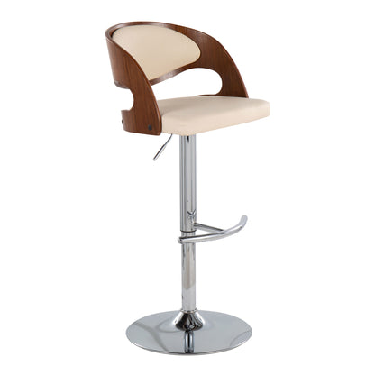 The Pino Mid Century Modern Adjustable Barstool features a cream cushioned seat, curved wooden backrest, chrome base with footrest, swivel function, and height adjustment lever.