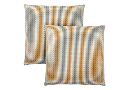 Two square decorative throw pillows, hypoallergenic with inserts included, featuring a textured woven pattern in blue, yellow, and white, are shown overlapping on a white background.