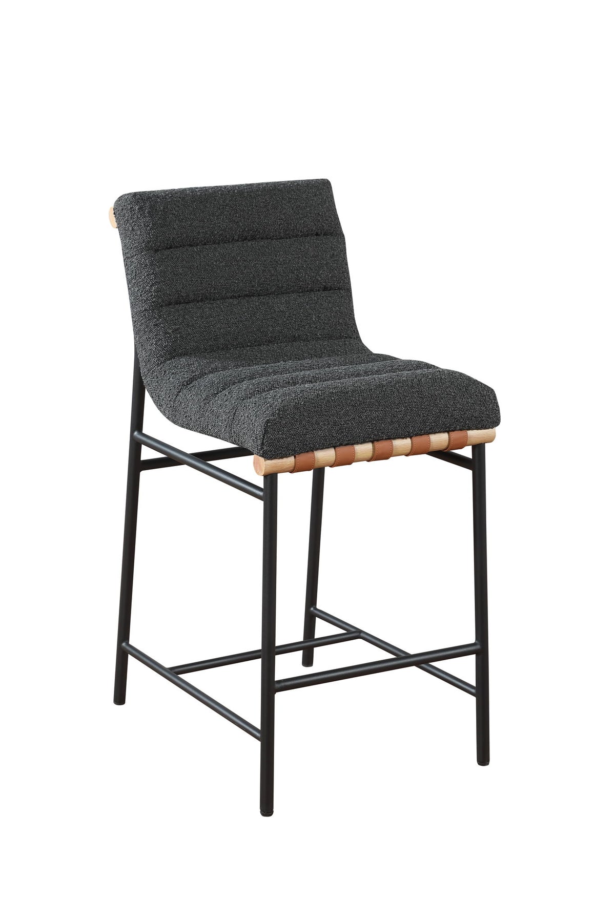 The Lahni - 17" Boucle Fabric Counter Height Chair features a dark gray cushioned seat and backrest with horizontal stitching, a black metal frame with footrest, and light wood accents under the seat.