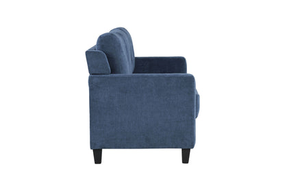 Side view of the Horatio - Chenille 3 Seater Sofa in blue, featuring straight armrests, cushioned seat and back, and four short black legs, set against a white background.