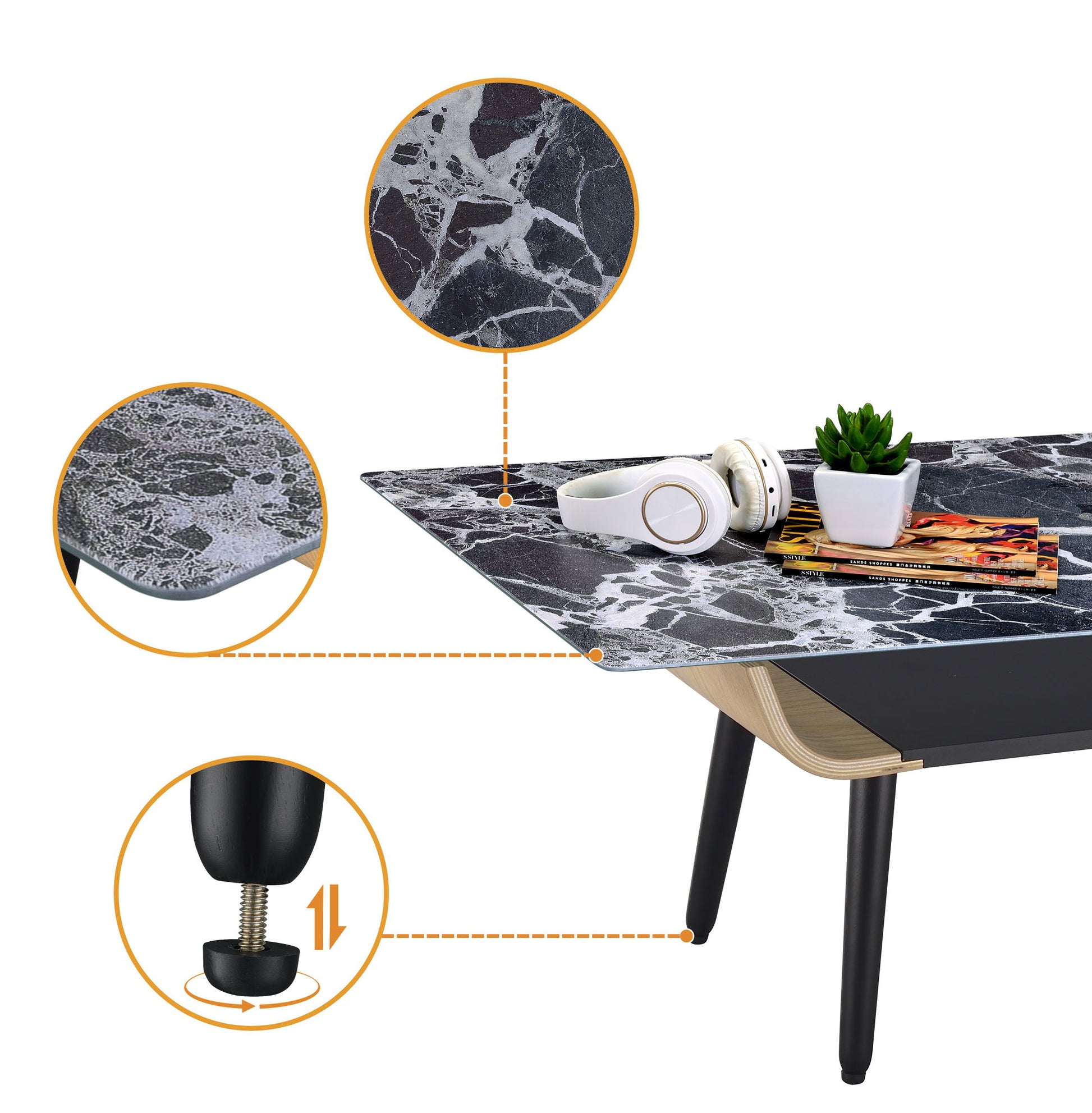The Landon Coffee Table features a glass marble-texture top and bent wood design, shown here in black with close-ups of the tabletop and adjustable leg, styled with headphones, books, and a small potted plant.
