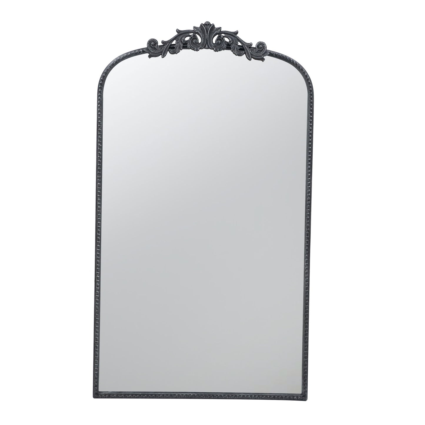 The Arch Mirror features a tall, rectangular design with rounded top corners and an ornate black Baroque-inspired frame with a floral accent, perfect as wall decor for your bathroom, bedroom, or living room.