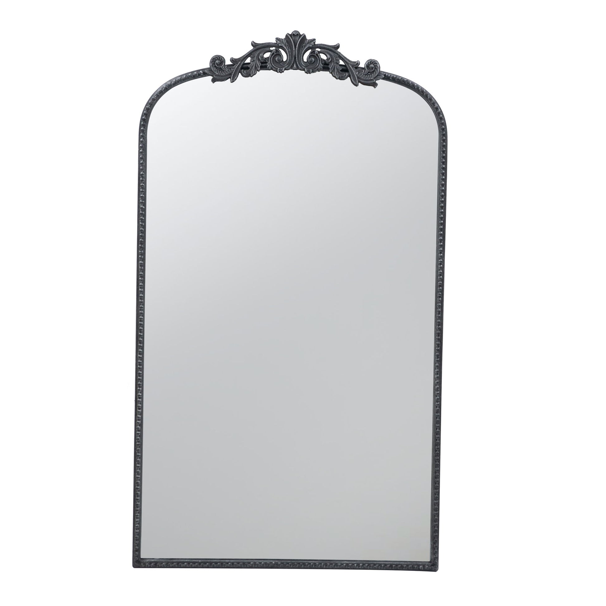 The Arch Mirror features a tall, rectangular design with rounded top corners and an ornate black Baroque-inspired frame with a floral accent, perfect as wall decor for your bathroom, bedroom, or living room.
