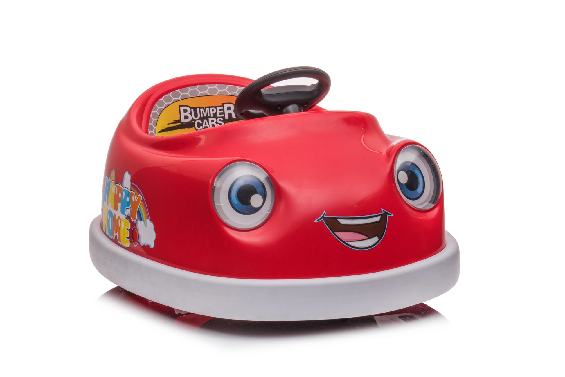A red Bumper Car For Kids (12V, dual drive, for ages 1-6) features cartoon eyes, a smiling mouth, a black steering wheel, and "Bumper Cars" on the seat. Includes pushrod, dinner plate, USB/Bt music, rocking horse mode; white background.