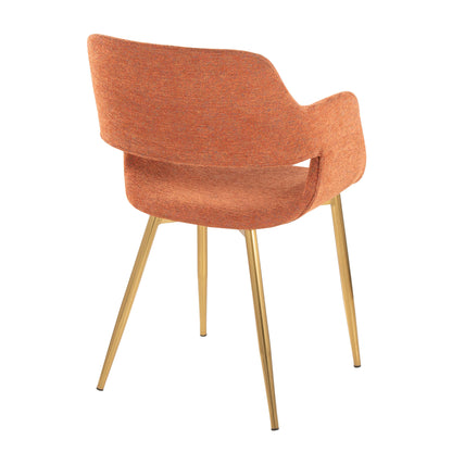 The Margarite - Contemporary Versatile Dining Chair, sold as a set of 2, features a modern curved backrest and armrests cushioned in orange fabric. It stands on four sleek, angled gold legs and is photographed against a white background.