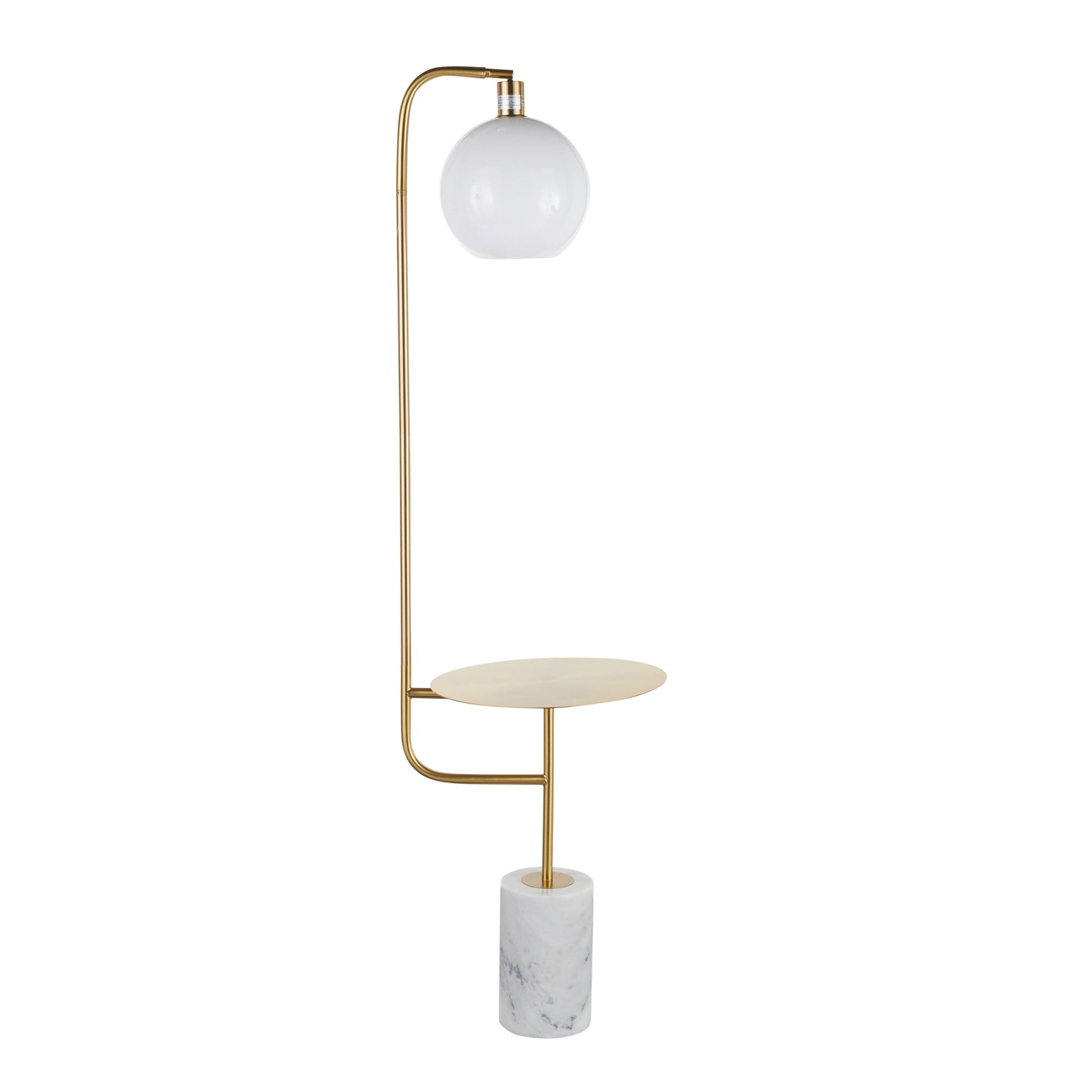 The Symbol Contemporary/Glam Floor Lamp Side Table features a round white glass shade, gold metal frame, integrated circular side table, and a white marble cylindrical base.