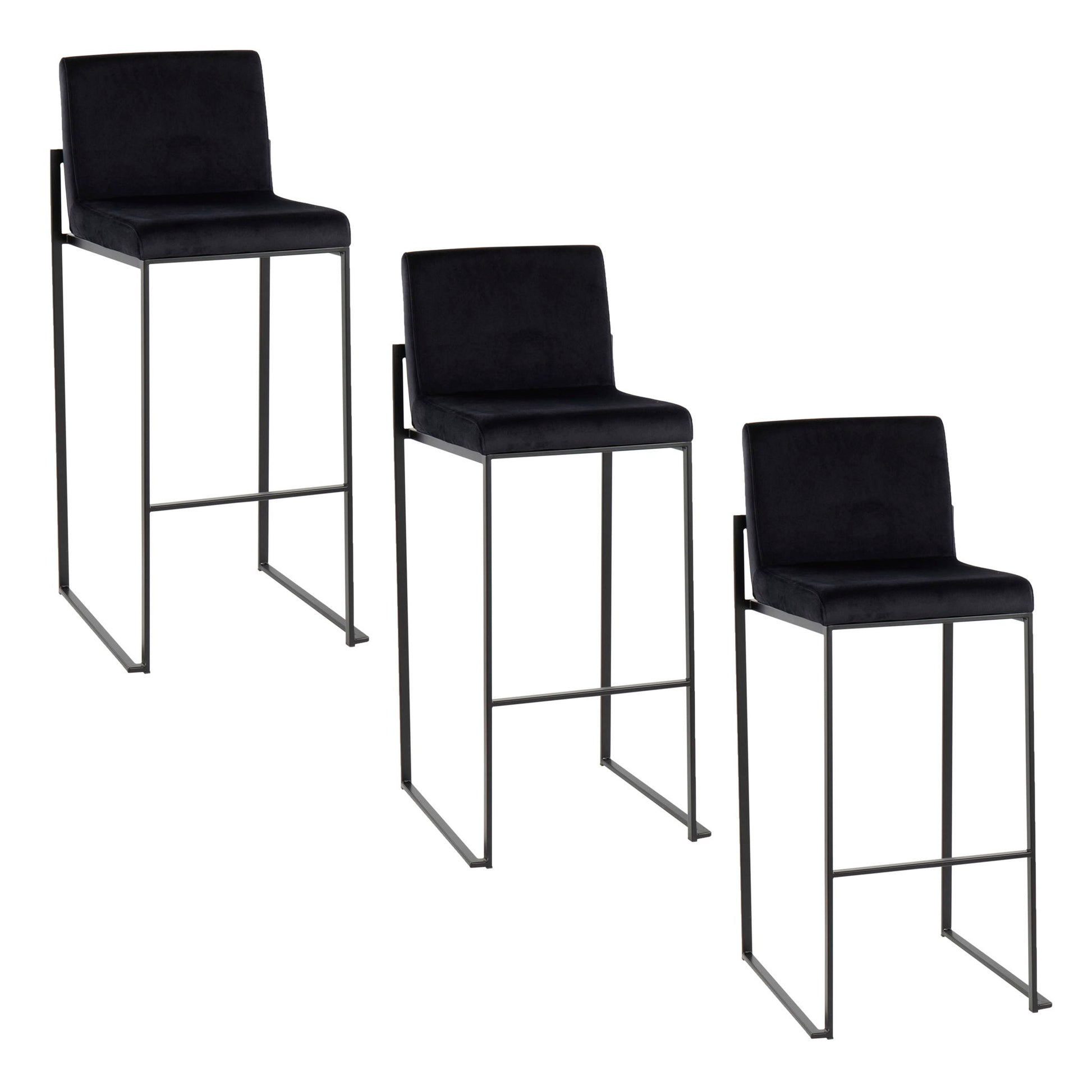 Three Fuji contemporary high back barstools with elegant design and minimalist metal legs are arranged diagonally against a white background.