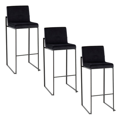 Three Fuji contemporary high back barstools with elegant design and minimalist metal legs are arranged diagonally against a white background.