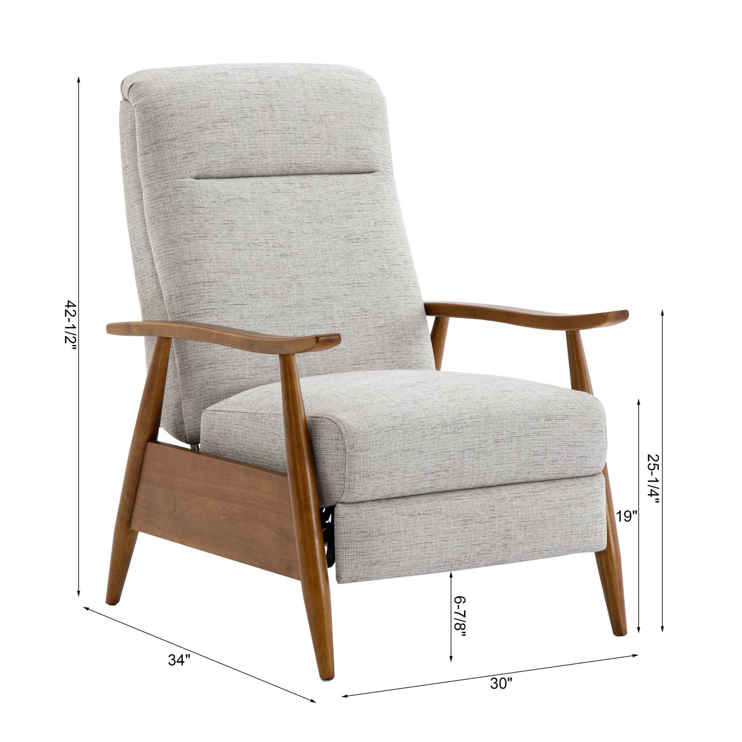 The Vaughn Push Back Recliner features light gray upholstery, solid hardwood legs and armrests. Dimensions: height 42.5", width 30", depth 34", seat height 19", seat depth 22.25", reclined length 61.75".