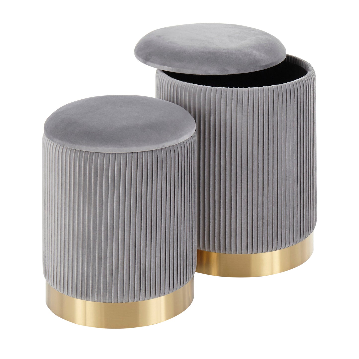 The Marla Contemporary Nesting Pleated Ottoman Set features two round gray velvet ottomans with vertical pleats, gold bases, and hidden storage inside one with a removable lid.