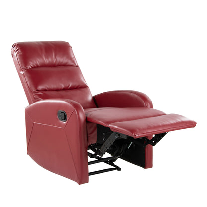 The Dormi - Contemporary Recliner Chair, upholstered in red leather with a padded backrest, armrests, and extended footrest, is displayed partially reclined on a white background.