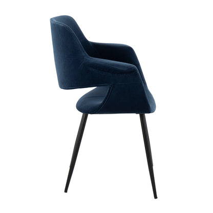 Side view of the Vintage Flair - Glam, Art Deco Chair (Set of 2) featuring a curved deep blue upholstered seat and backrest, open lower back, and four slender black metal legs, set against a white background.