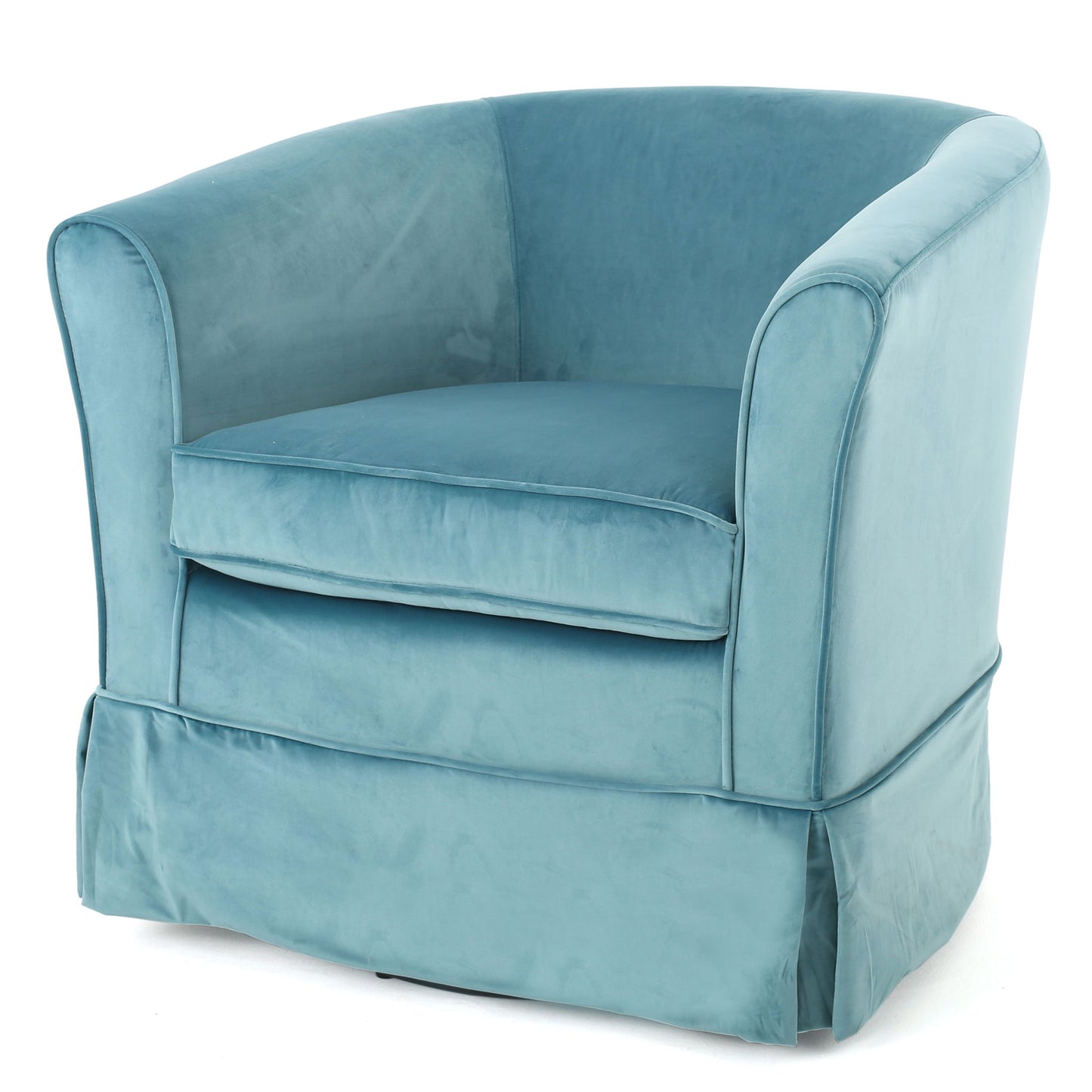 The Zeniqua Upholstered Velvet Swivel Chair with a loose cover features light blue velvet, a rounded backrest, plush seat cushion, and skirted bottom, displayed against a plain white background.