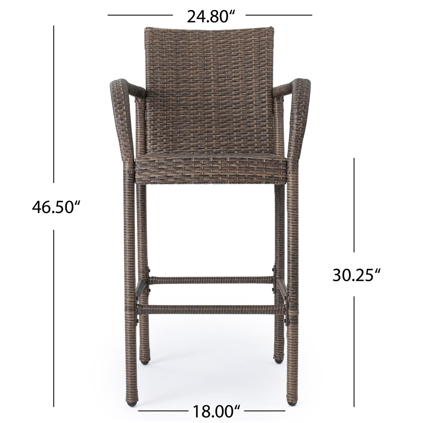 The Outdoor Wicker Barstools With Rattan And Iron Frame features armrests, a backrest, and measures 24.80" wide, 18.00" deep, 46.50" tall with a seat height of 30.25", shown from the front.